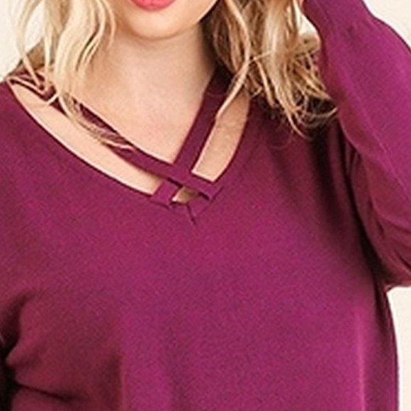 New UMGEE XL 1XL Burgundy Wine High Low hem Crossed V Neck Pullover Sweater - Picture 2 of 6